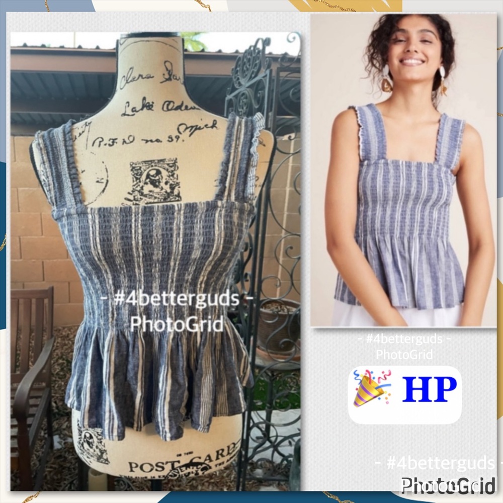 Maeve Anthropologie Navy Striped Smocked Peplum Linen Blend Schuyler Tank SM